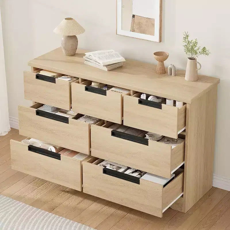 Commode à 7 tiroirs (poignées encastrées) couleur bois naturel, meuble multifonctionnel finition bois