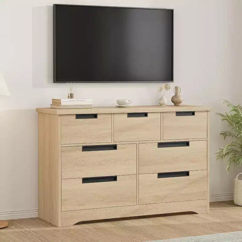 Commode à 7 tiroirs (poignées encastrées) couleur bois naturel, meuble multifonctionnel finition bois