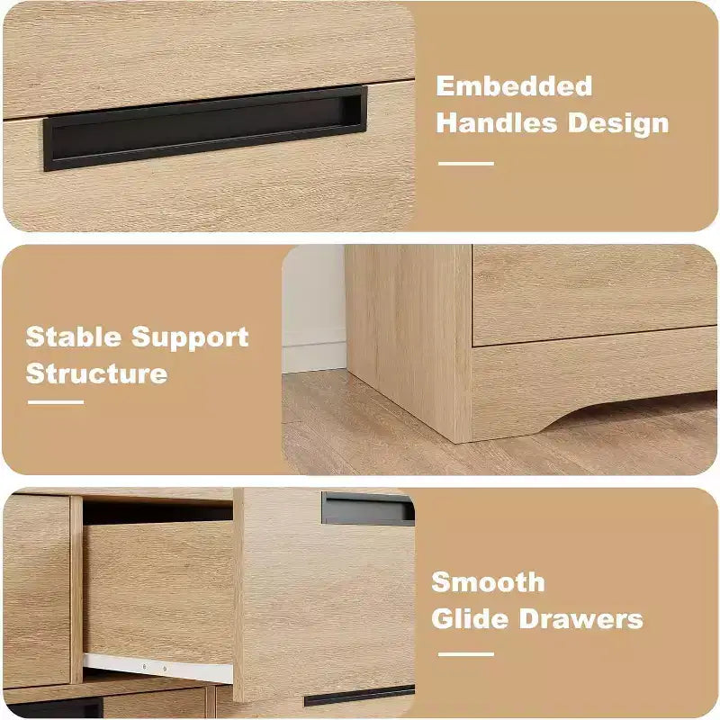 Commode à 7 tiroirs (poignées encastrées) couleur bois naturel, meuble multifonctionnel finition bois
