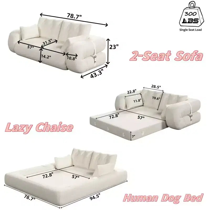 Lit de chien humain pliable pour adultes, canapé-lit multifonctionnel 78,7", canapé-lit 3 en 1 en tissu Teddy pour salon, lit d'appoint, salle de jeux