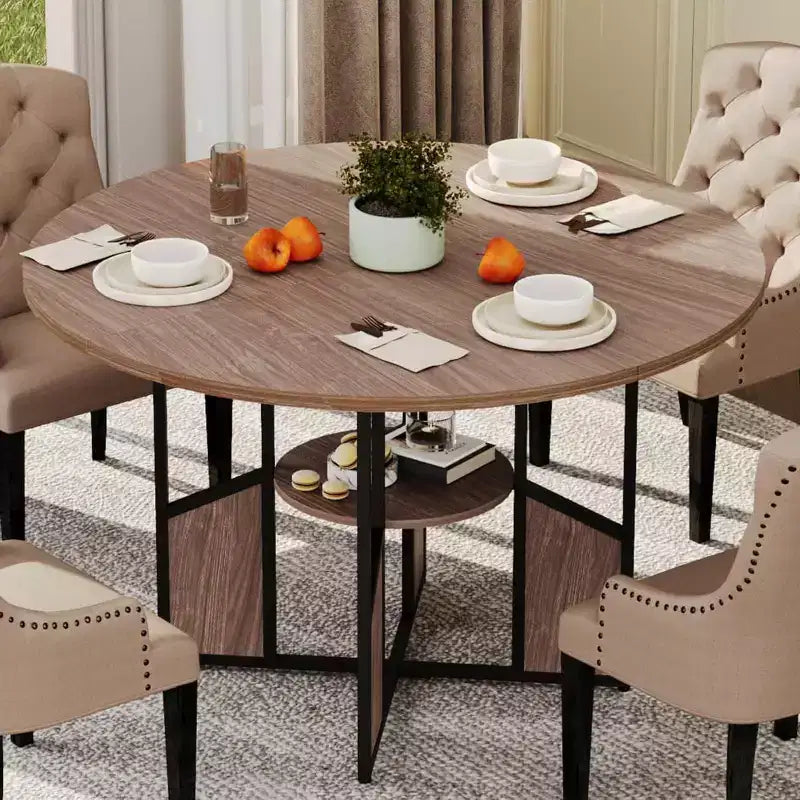 Dining Table Round 59, Dinner Table for 46 People, Large Wood Dining Room Tables with Sturdy Metal Pedestal Base, Walnut