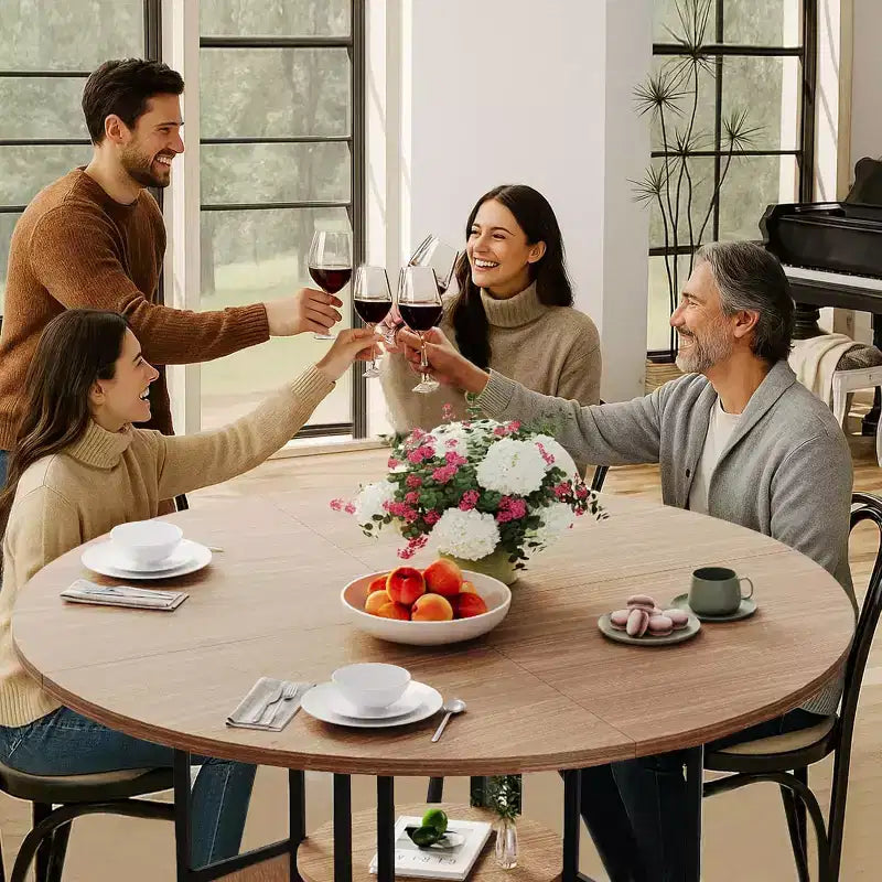 Grande table à manger en bois pouvant accueillir 4 à 6 personnes, avec une base métallique robuste, couleur noyer