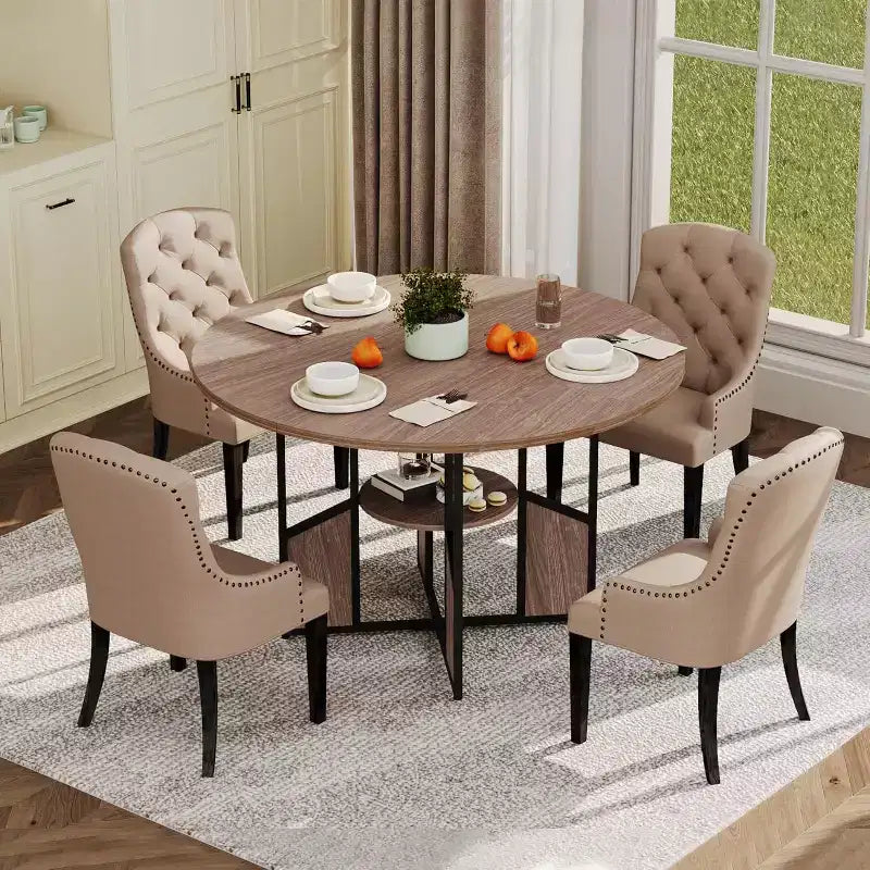 Grande table à manger en bois pouvant accueillir 4 à 6 personnes, avec une base métallique robuste, couleur noyer