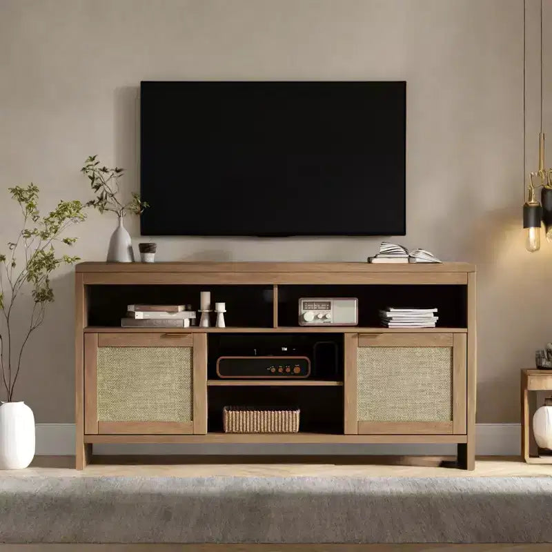 Meuble TV 58 pouces en rotin, style Bohème Campagne, adapté aux salons et appartements