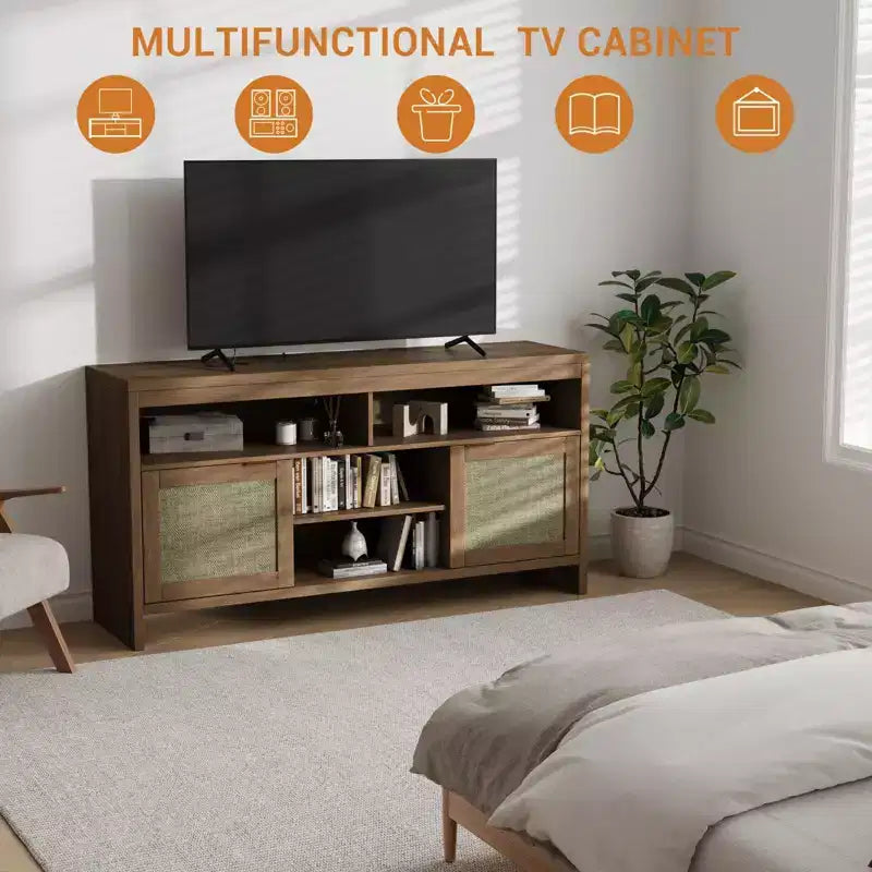 Meuble TV 58 pouces en rotin, style Bohème Campagne, adapté aux salons et appartements