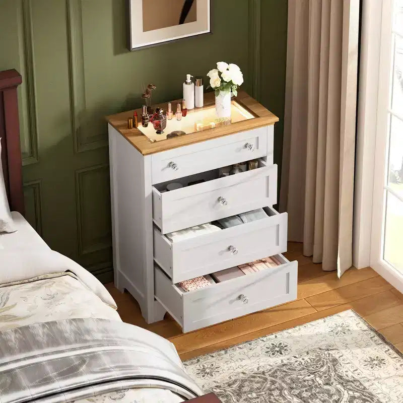 White Drawer Dresser with LED Light - 4 Drawer Nightstand Cabinet with Night Light, Visible Glass Table-Top for Bedroom, Living Room, Entryway