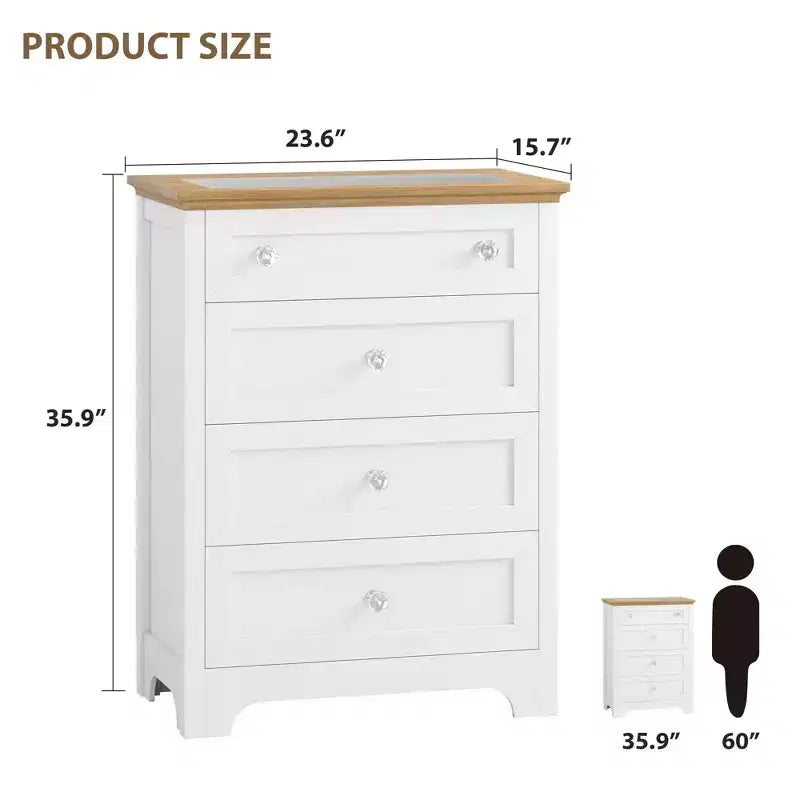 Commode blanche avec lumière LED - Table de chevet à 4 tiroirs avec veilleuse, plateau en verre visible pour chambre, salon, entrée