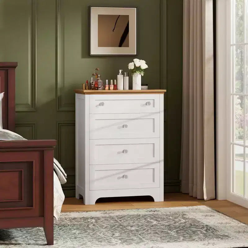 Commode blanche avec lumière LED - Table de chevet à 4 tiroirs avec veilleuse, plateau en verre visible pour chambre, salon, entrée