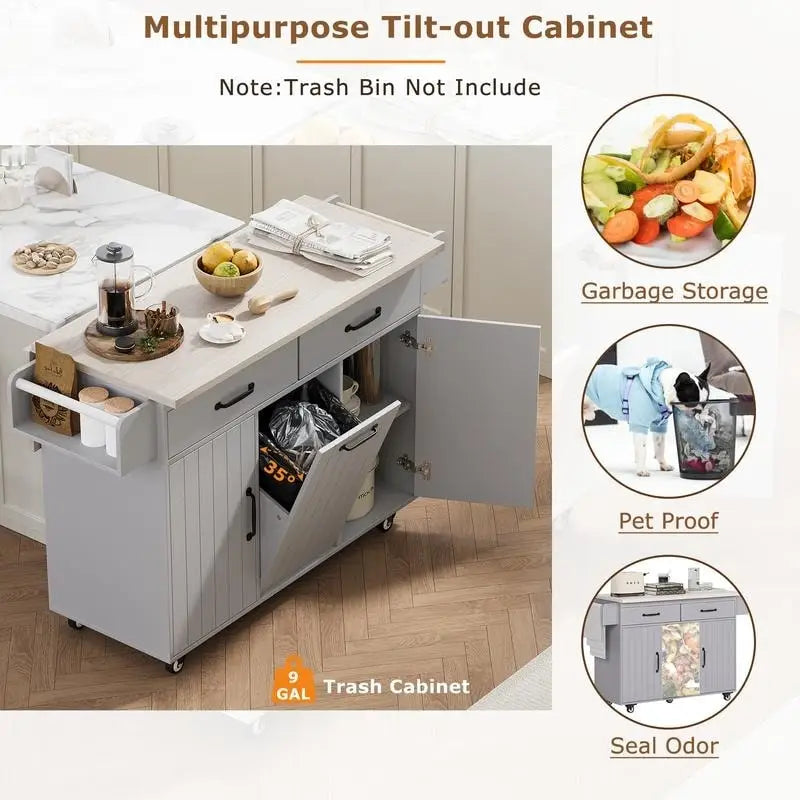 Alger Kitchen Island with Trash Can Storage Cabinet