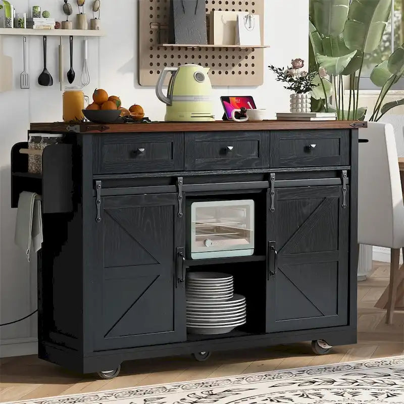 53.7 Farmhouse Kitchen Island With Power Outlet, 2 Sliding Barn Door, Kitchen Storage Island With Drop Leaf, Spice Rack
