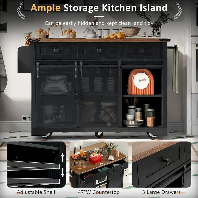 53.7 Farmhouse Kitchen Island With Power Outlet, 2 Sliding Barn Door, Kitchen Storage Island With Drop Leaf, Spice Rack