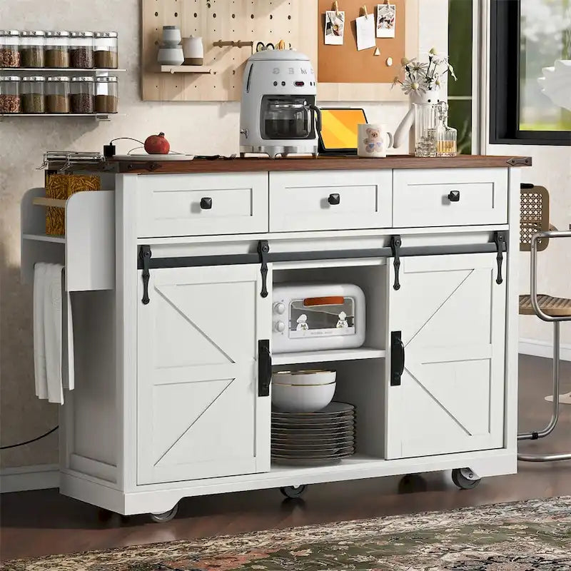 53.7 Farmhouse Kitchen Island With Power Outlet, 2 Sliding Barn Door, Kitchen Storage Island With Drop Leaf, Spice Rack