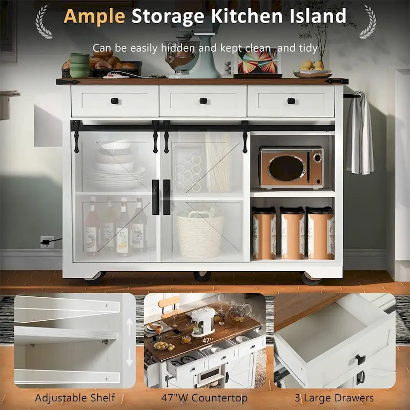 53.7 Farmhouse Kitchen Island With Power Outlet, 2 Sliding Barn Door, Kitchen Storage Island With Drop Leaf, Spice Rack