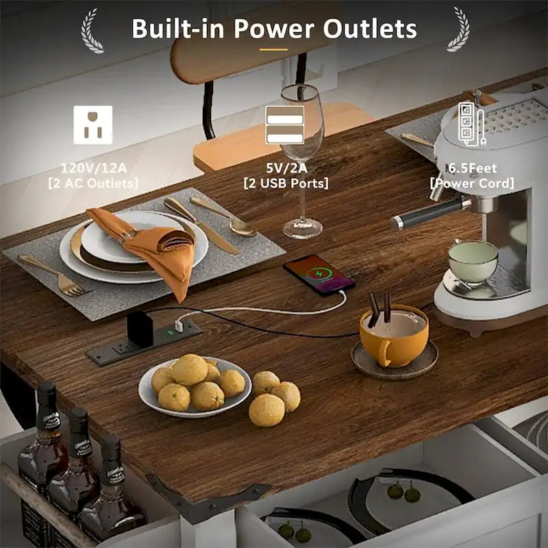 53.7 Farmhouse Kitchen Island With Power Outlet, 2 Sliding Barn Door, Kitchen Storage Island With Drop Leaf, Spice Rack