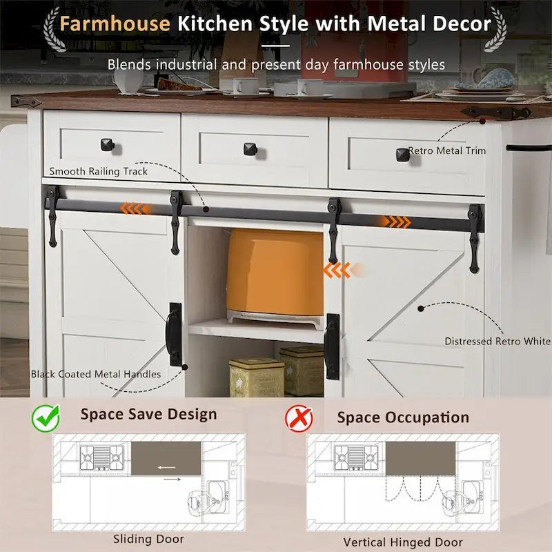 53.7 Farmhouse Kitchen Island With Power Outlet, 2 Sliding Barn Door, Kitchen Storage Island With Drop Leaf, Spice Rack