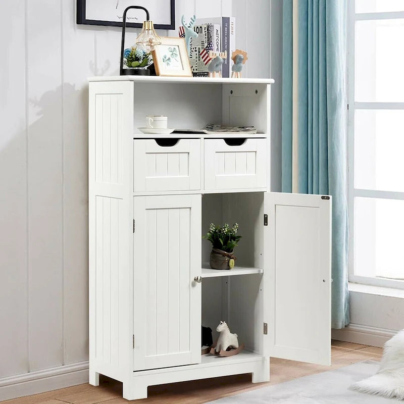 Gymax Bathroom Floor Cabinet Wooden Storage Organizer Side Cabinet W/2 - See Details