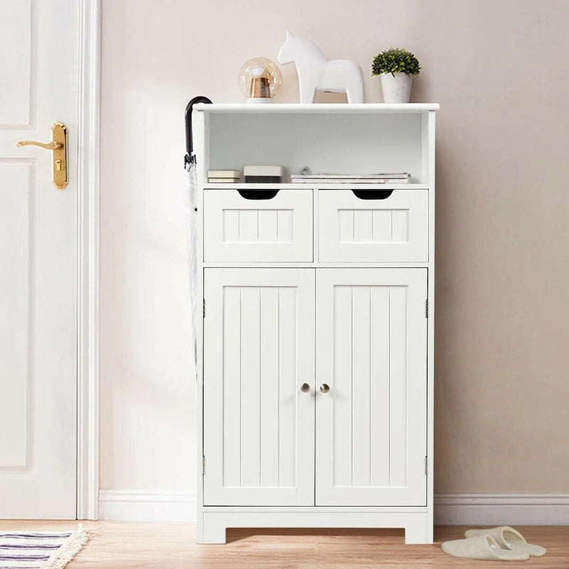 Gymax Bathroom Floor Cabinet Wooden Storage Organizer Side Cabinet W/2 - See Details