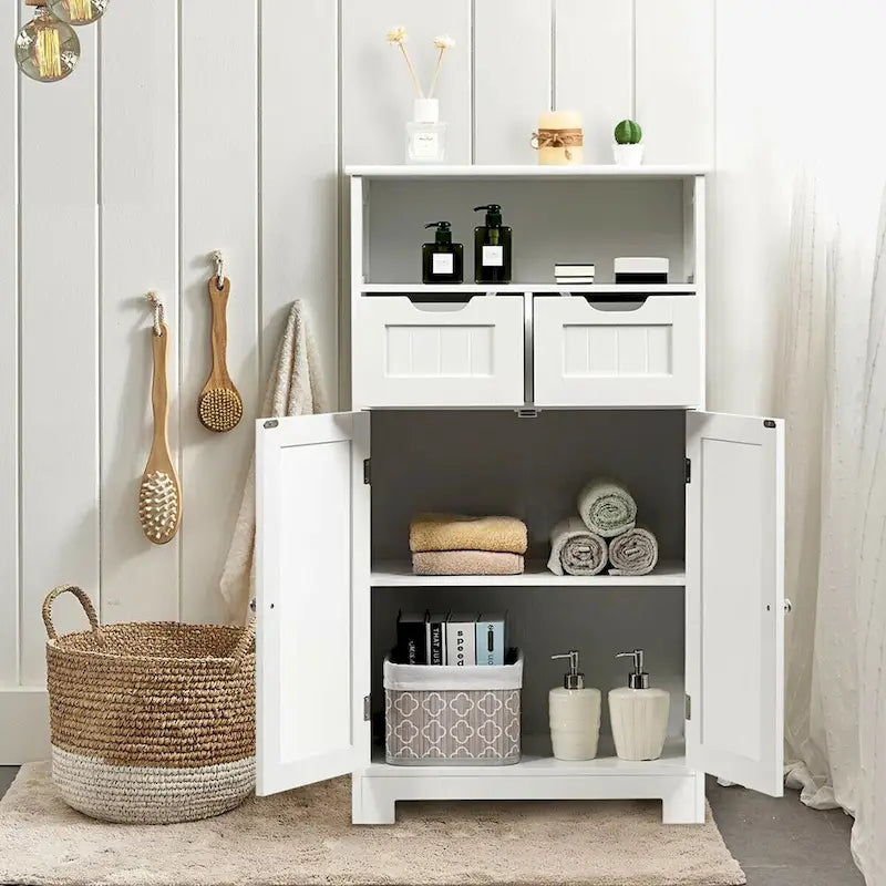 Gymax Bathroom Floor Cabinet Wooden Storage Organizer Side Cabinet W/2 - See Details