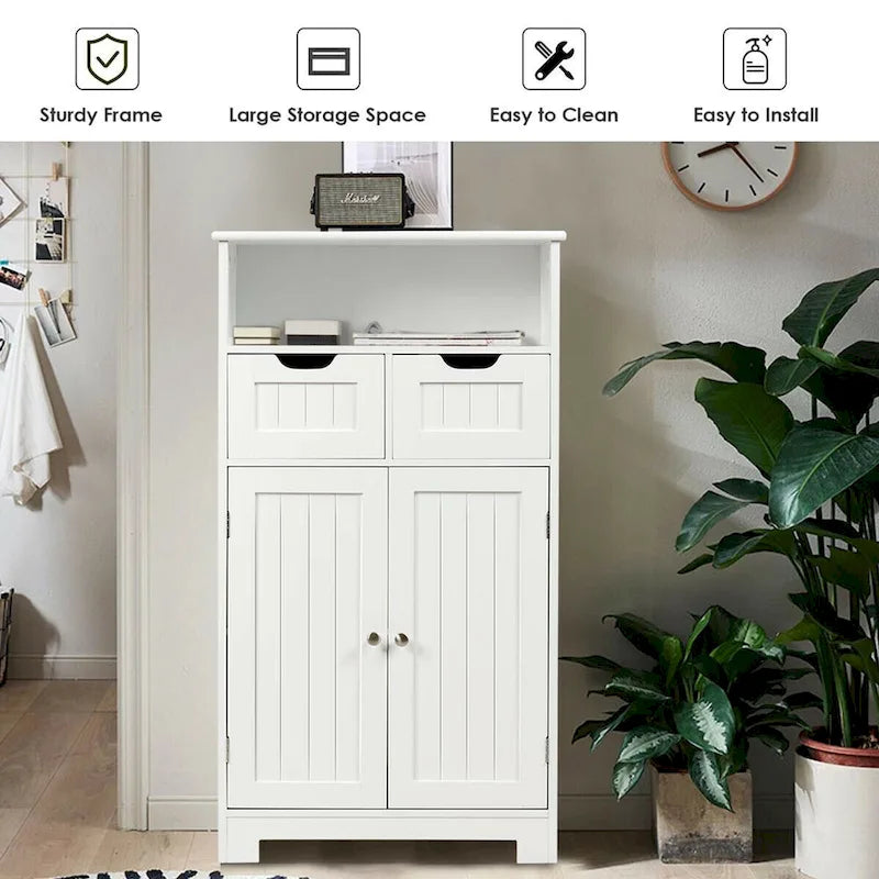Gymax Bathroom Floor Cabinet Wooden Storage Organizer Side Cabinet W/2 - See Details