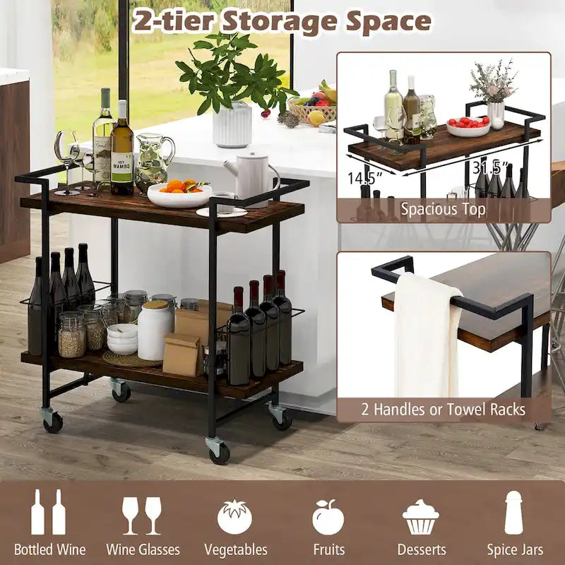 Gymax Home Bar Cart 2-tier Home Bar Cart w/ Lockable Wheels &