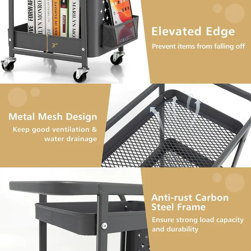 Gymax 3-Tier Utility Storage Cart Metal Rolling Trolley w/ DIY