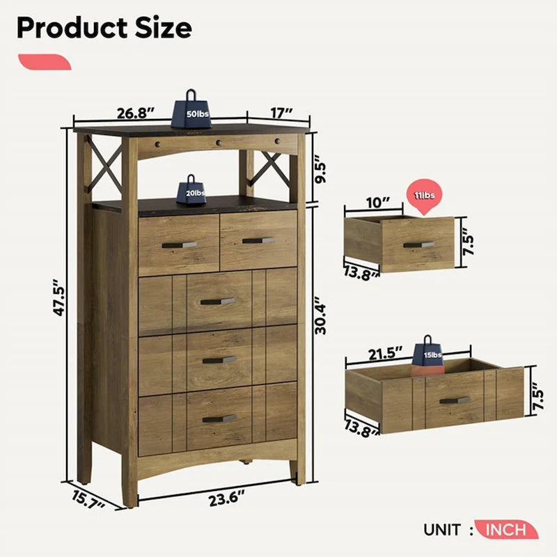 Bestier Hallway & Living Room Storage Cabinet w/ 2 Shelves and 5 Drawers, Brown - 83