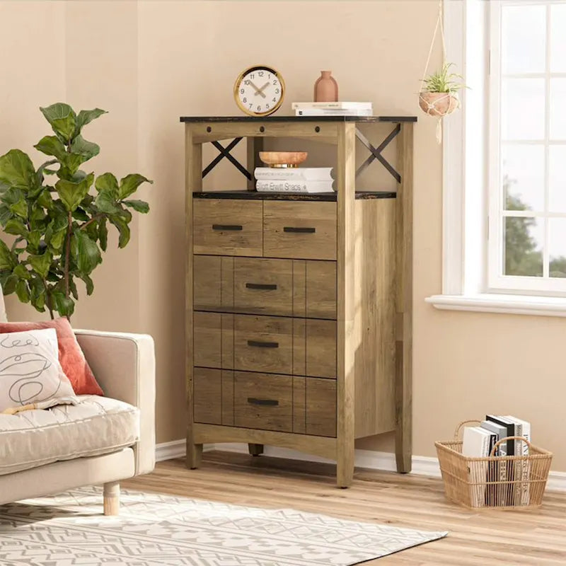 Bestier Hallway & Living Room Storage Cabinet w/ 2 Shelves and 5 Drawers, Brown - 83