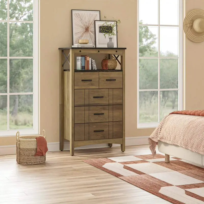 Bestier Hallway & Living Room Storage Cabinet w/ 2 Shelves and 5 Drawers, Brown - 83