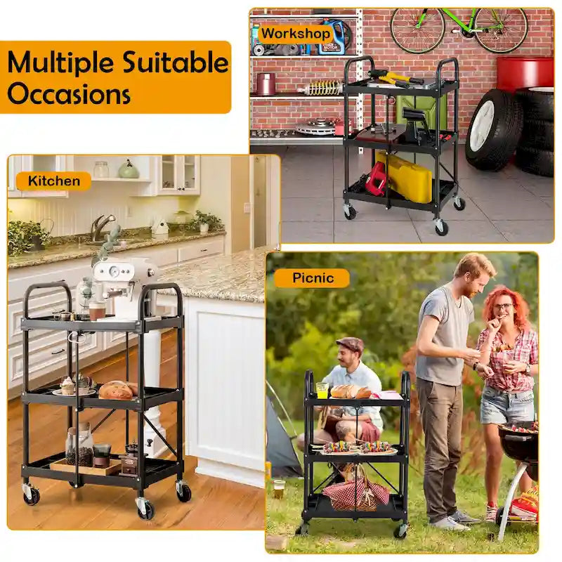 Costway Folding Collapsible Service Cart Heavy-Duty 3-Shelf Tool Cart - 24 x 17 x 38 (L x W x H)