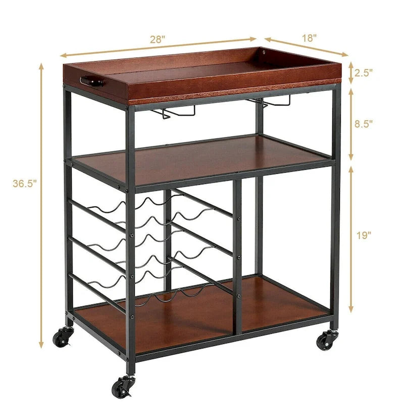Gymax 3 Tier Storage Kitchen Trolley Utility Bar Serving Cart w/Wine