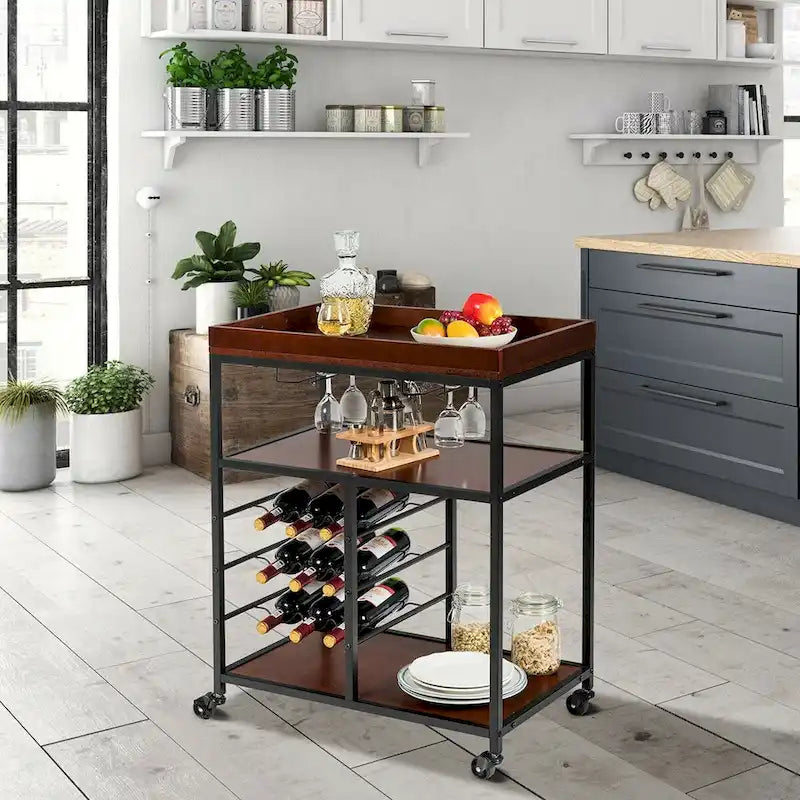 Gymax 3 Tier Storage Kitchen Trolley Utility Bar Serving Cart w/Wine