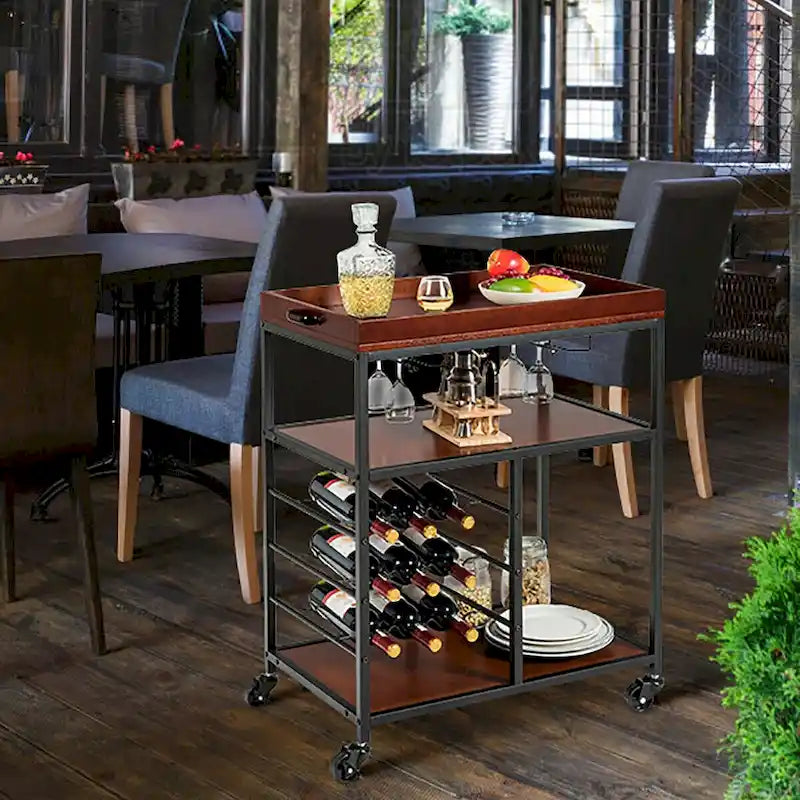 Gymax 3 Tier Storage Kitchen Trolley Utility Bar Serving Cart w/Wine