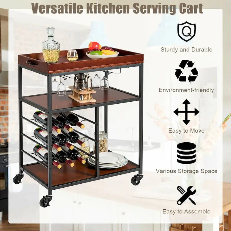 Gymax 3 Tier Storage Kitchen Trolley Utility Bar Serving Cart w/Wine