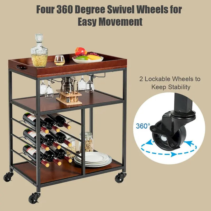 Gymax 3 Tier Storage Kitchen Trolley Utility Bar Serving Cart w/Wine