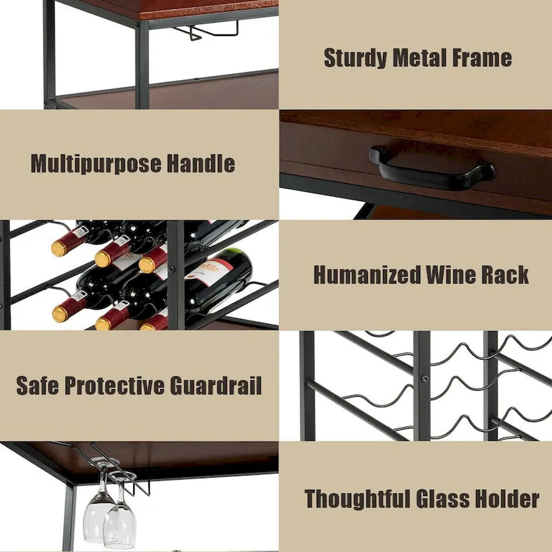 Gymax 3 Tier Storage Kitchen Trolley Utility Bar Serving Cart w/Wine