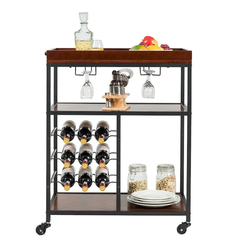 Gymax 3 Tier Storage Kitchen Trolley Utility Bar Serving Cart w/Wine