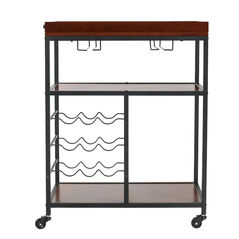 Gymax 3 Tier Storage Kitchen Trolley Utility Bar Serving Cart w/Wine
