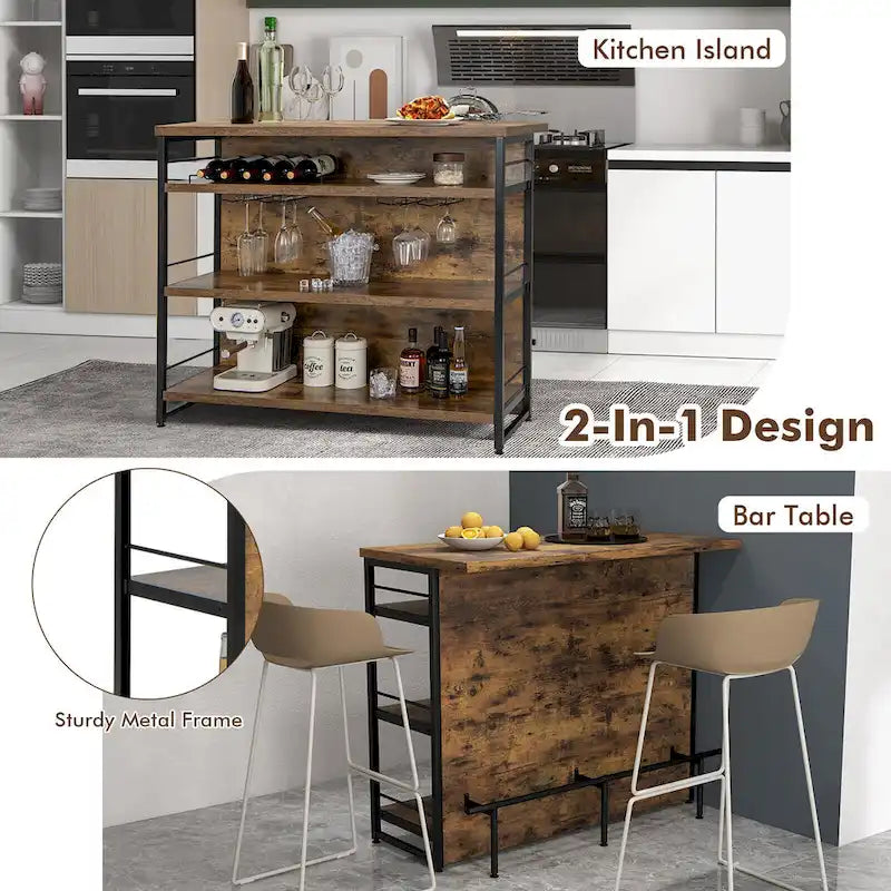 Gymax Industrial Kitchen Island Bar Table 4-Tier Storage Shelf Wine