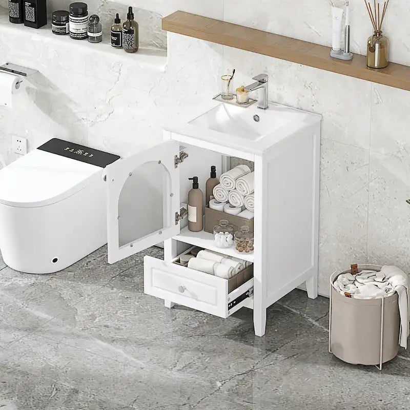 20 Inch Bathroom Vanity With Sink Combo, Modern Bathroom Vanity, Compact Space Bathroom Cabinet With Glass Door, Drawer
