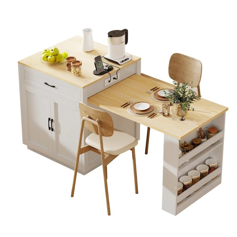 82.7 Wooden 4-6 Person Kitchen Island with Extendable Dining Table and Double-sized Storage