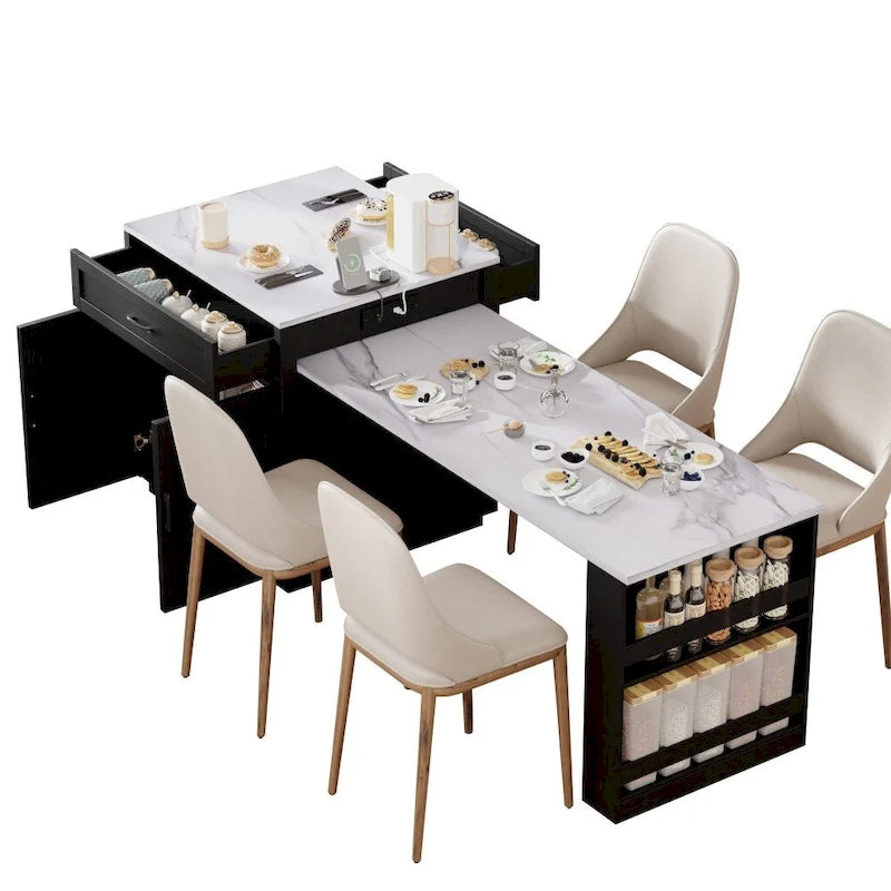 82.7 Wooden 4-6 Person Kitchen Island with Extendable Dining Table and Double-sized Storage