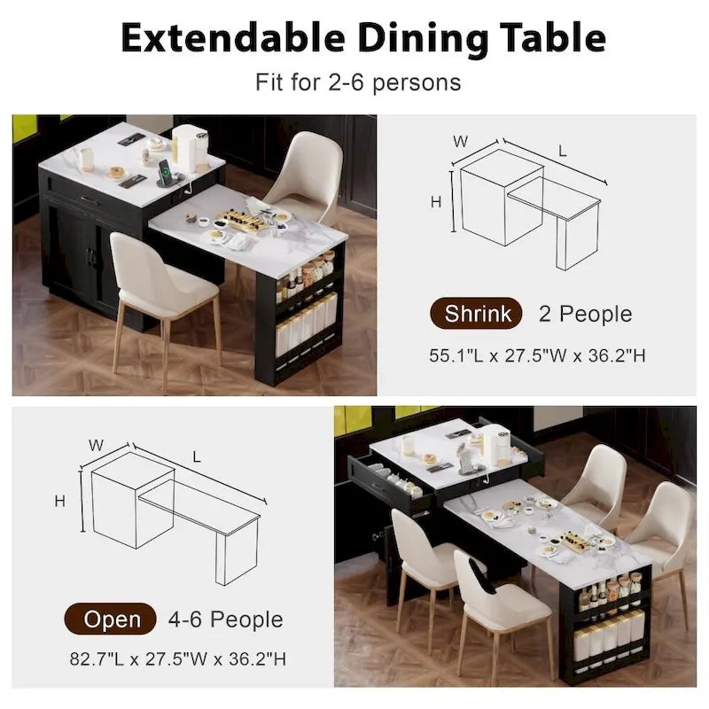 82.7 Wooden 4-6 Person Kitchen Island with Extendable Dining Table and Double-sized Storage