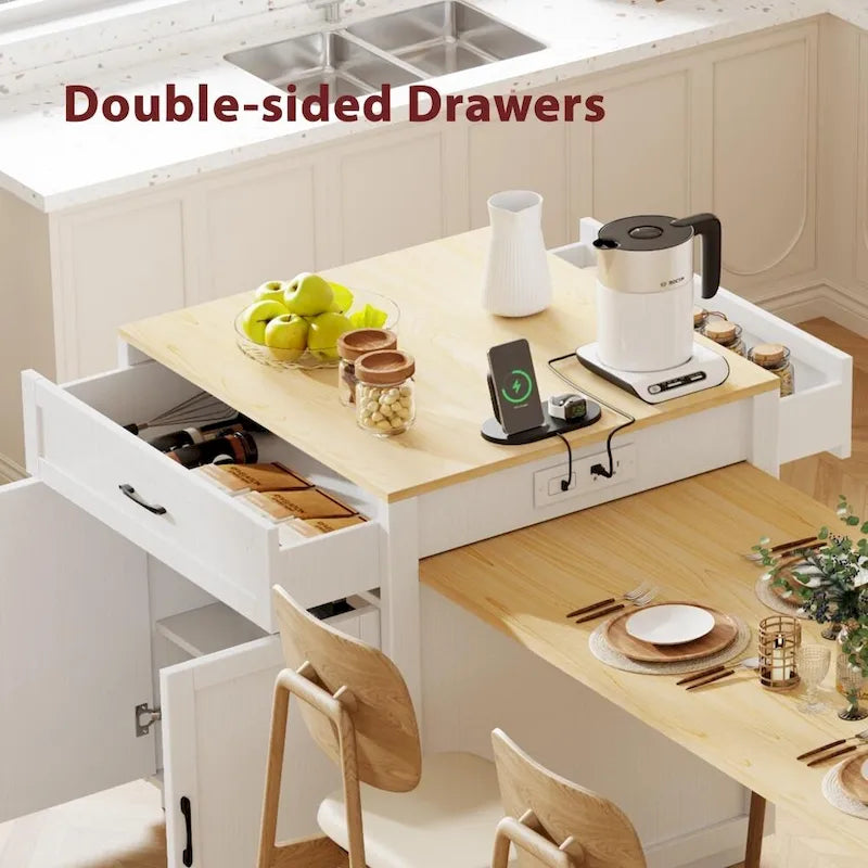82.7 Wooden 4-6 Person Kitchen Island with Extendable Dining Table and Double-sized Storage