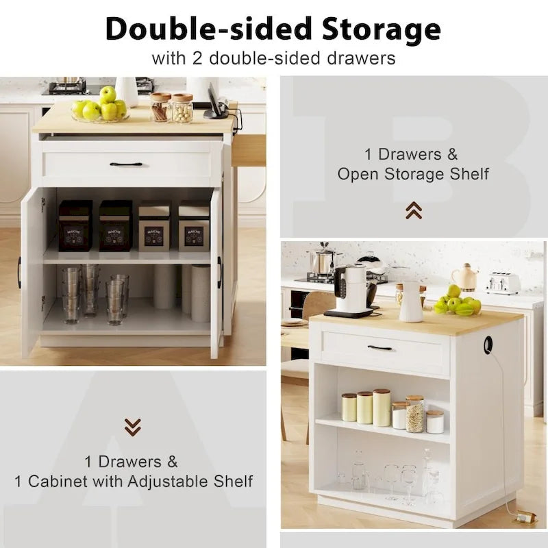 82.7 Wooden 4-6 Person Kitchen Island with Extendable Dining Table and Double-sized Storage
