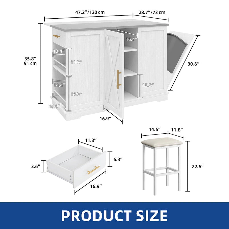 Moasis Rolling Kitchen Island with Trash Can Storage Cabinet and 2 Bar Stools