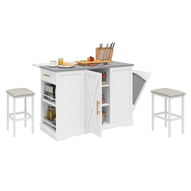 Moasis Rolling Kitchen Island with Trash Can Storage Cabinet and 2 Bar Stools