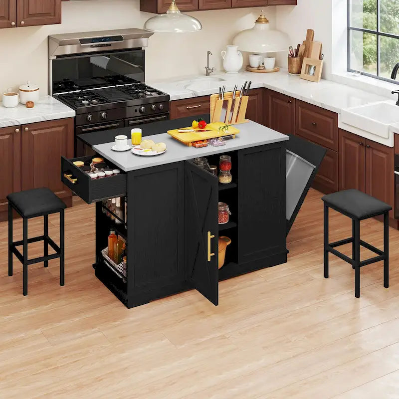 Moasis Rolling Kitchen Island with Trash Can Storage Cabinet and 2 Bar Stools