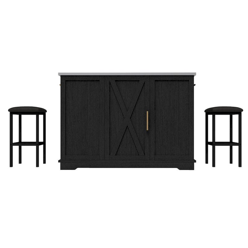 Moasis Rolling Kitchen Island with Trash Can Storage Cabinet and 2 Bar Stools