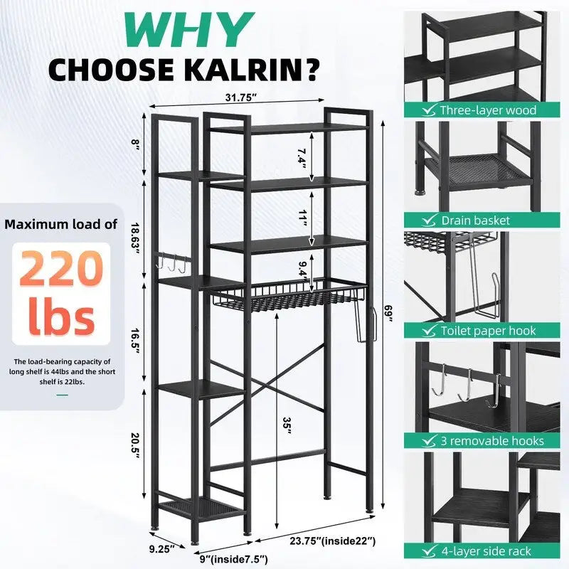 8-Tier Over The Toilet Storage with Side Rack, Over Toilet Storage Rack with Adjustable Shelf & Drain Basket
