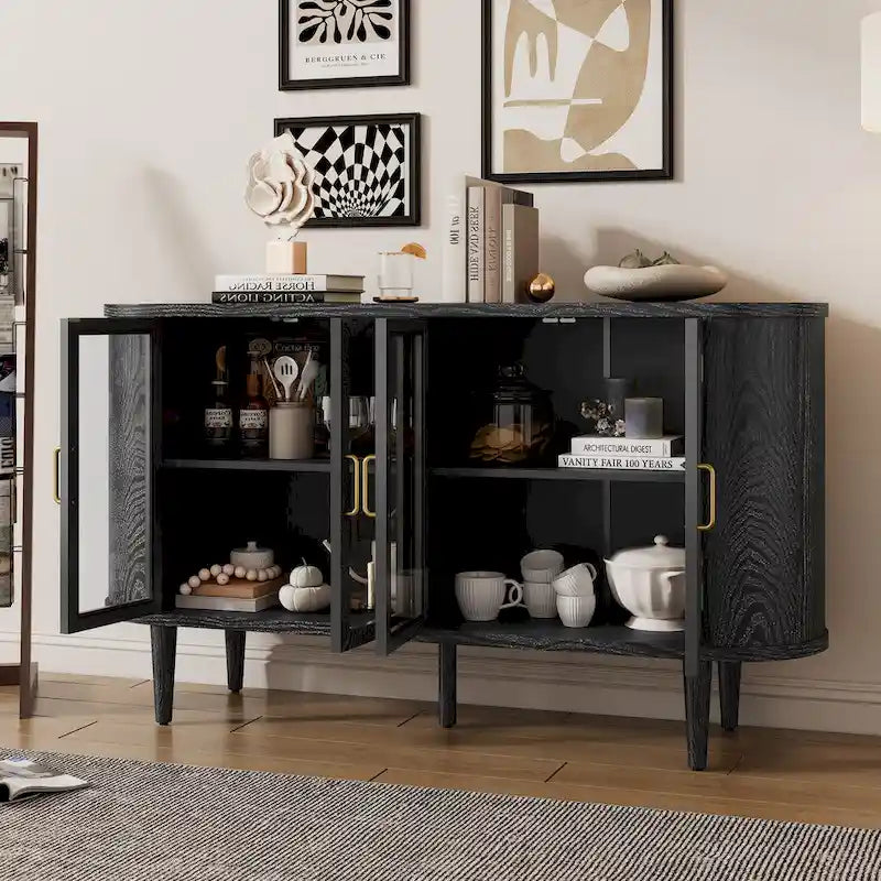 Farmhouse Sideboard Cabinet with Glass Doors & Adjustable Shelves